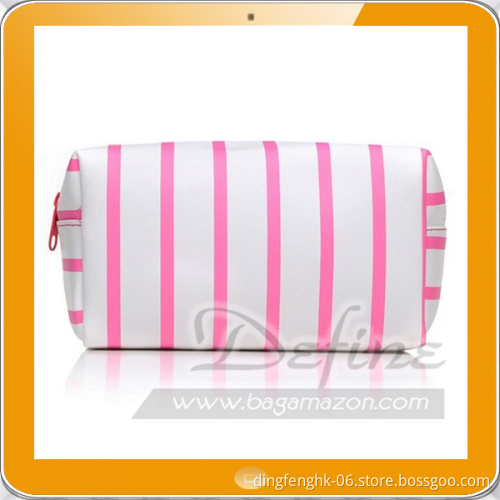 Pink White Striped PVC Cosmetic Makeup Travel Case Bag
